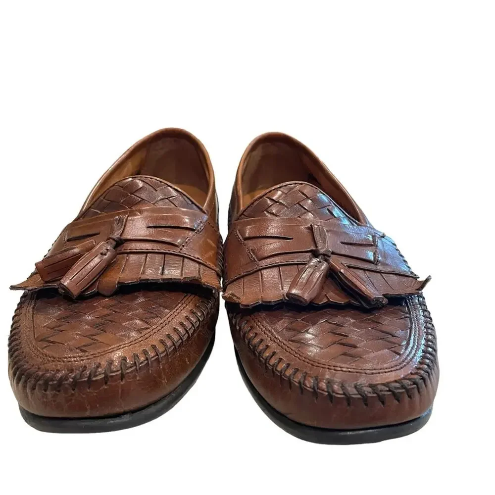 Hush Puppies Brown Leather San Remo Woven Tasseled Slip on Dress Shoes Size 9.5M
